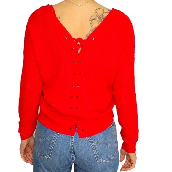 Cloth Lace Up Back V Neck Sweater Size X Small Red Ribbed Knit - Picture 4 of 7